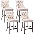 Virabit Velvet Bar Stools Set of 4, 27" Padded Counter Height Bar Stools with Button and Nailhead Trim, Bar Stool with Back and Wooden Legs, for Kitchen, Cafe, Pub (Beige)