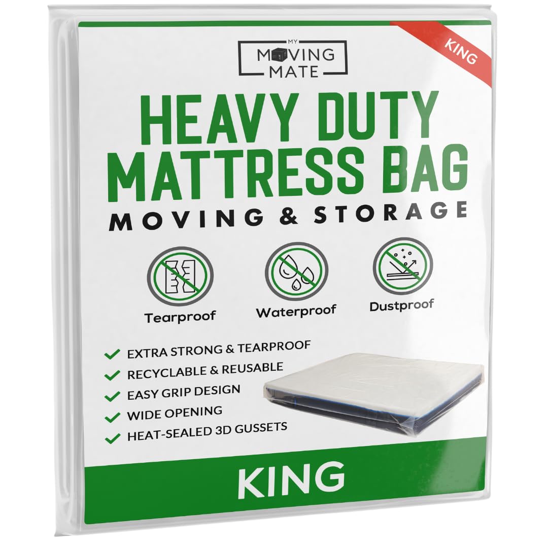 King Size Mattress Bags For Moving & Storage - Heavy Duty King Size Mattress Cover for Moving House & Self Store - Plastic Mattress Storage Bag Protector - Strong, Reusable, Tearproof - 5ft
