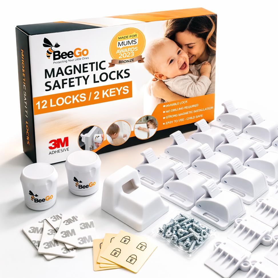 BeeGo® 12 Pack Magnetic Child Safety Locks – No Drill Baby Proof Cupboard, Cabinet & Drawer Locks with 2 Keys