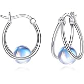 VONALA Gemstone Double Hoop Earrings for Women Sterling Silver Pearl Moonstone Turquoise Black Onyx Jade Opal Lapis Lazuli Earrings for Women
