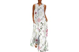 GENERIC Sundresses for Women Casual Beach Boho Floral Maxi Dress Summer V Neck Sleeveless Flowy Swing Tank Vacation Hawaiian Dresses