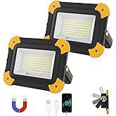 AUMIO 2-Pack Portable Flood Light, 4000mAh Magnetic Rechargeable LED Work Light Battery, 40W Outdoor Waterproof Work Lights Cordless 180° Rotate for Job Site Garage Camping Car Repair, Gifts for Men