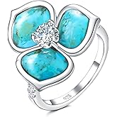 AIBAO Flower Gemstone Rings for Women Three Pental Turquoise/Malachite/Mother of Pearl Flower Ring with Cubic Zirconia Center Sterling Silver Statement Rings Size 6 to 10