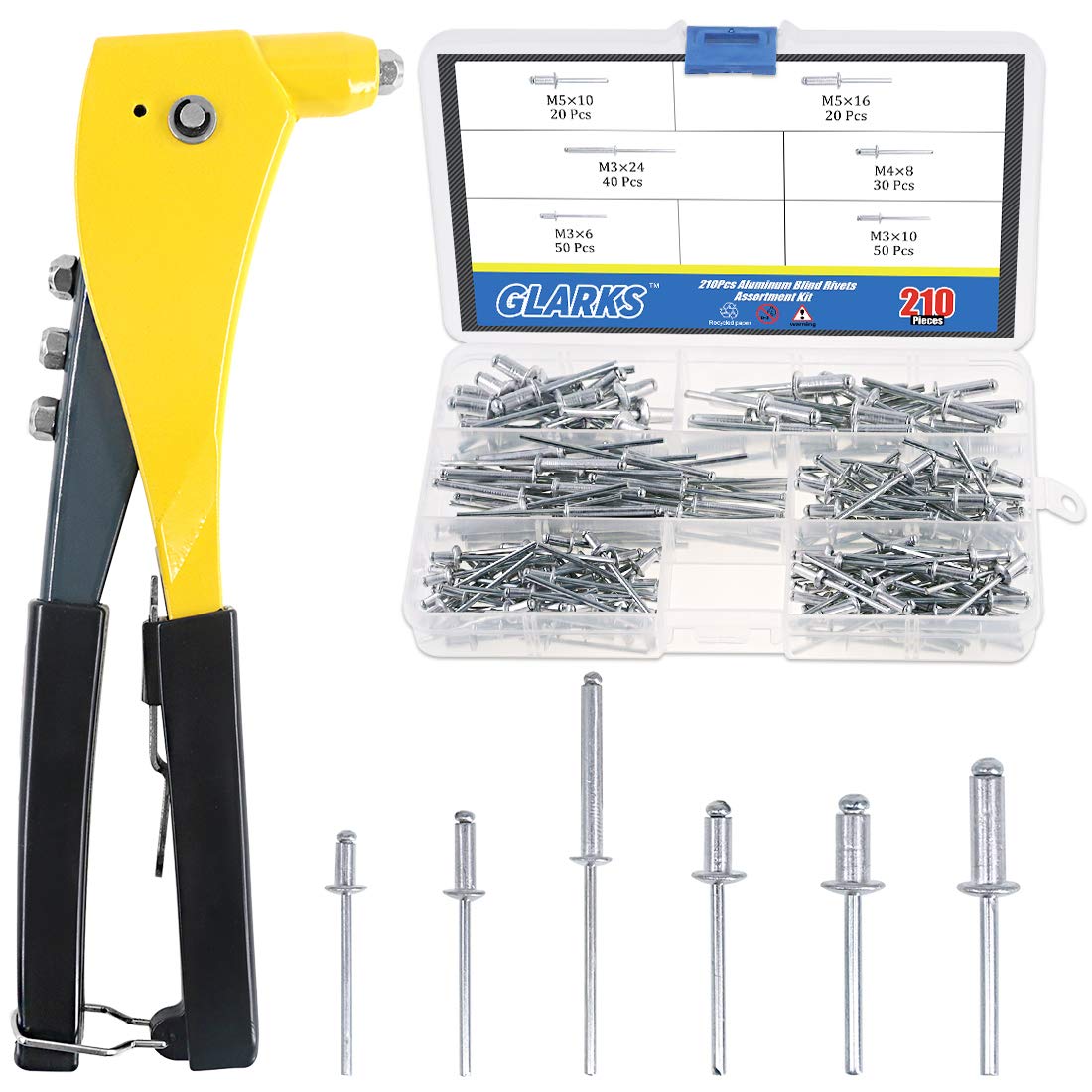 GLARKS Heavy Duty Riveter Set, 210Pcs Aluminum Blind Rivets Assortment Kit and a Professional Pop Rivet Gun for Sheet Metal, Automotive, Railway, and Duct Work (Rivet Gun with Rivets Set)