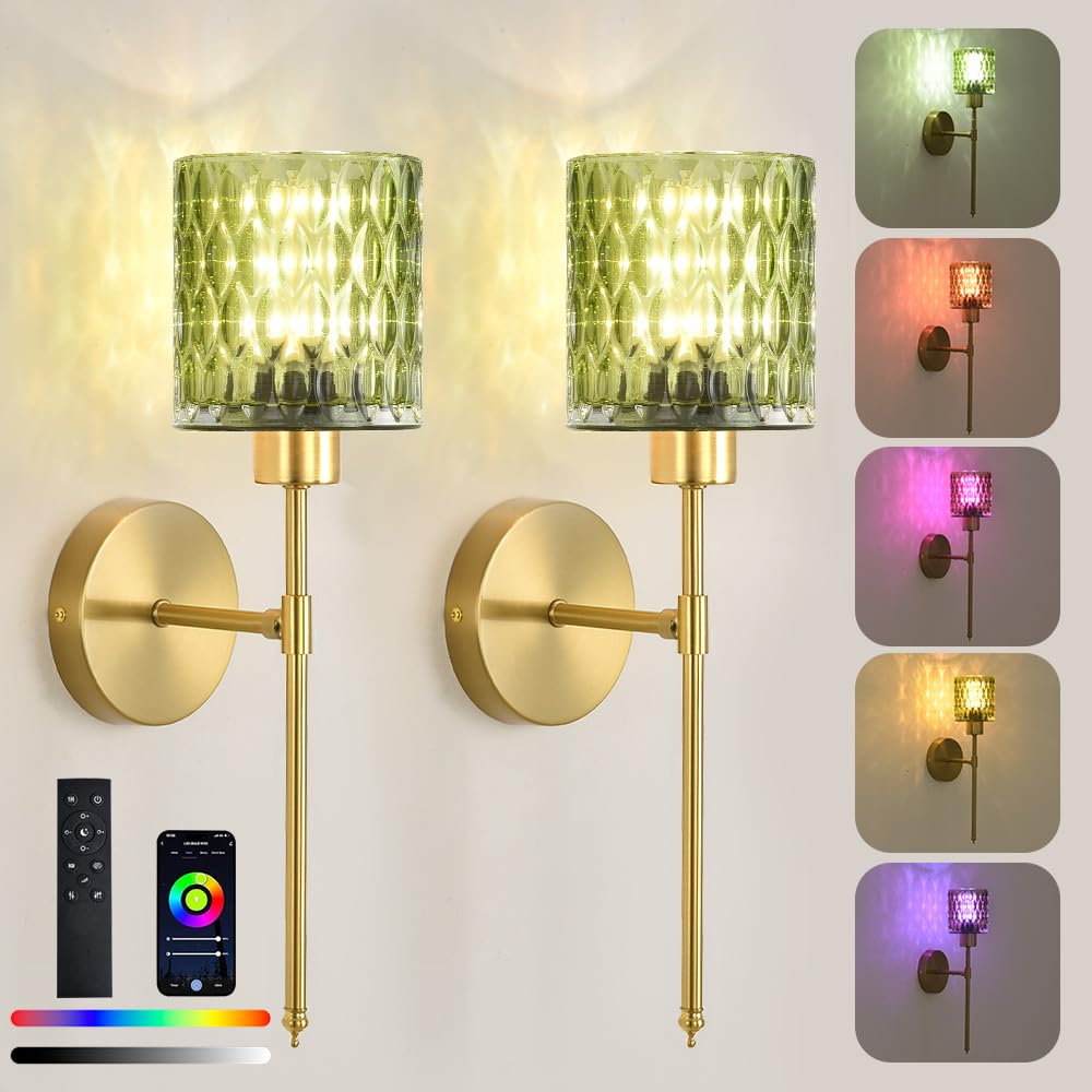 Photo 1 of Vintage Battery Operated Wall Sconce Set of 2,Wireless Wall Lamp with Remote Control & Glass lampshape,12 Color Gold Wall Lights Rechargeable Battery Powered Wall Sconce for Bedroom Living Room