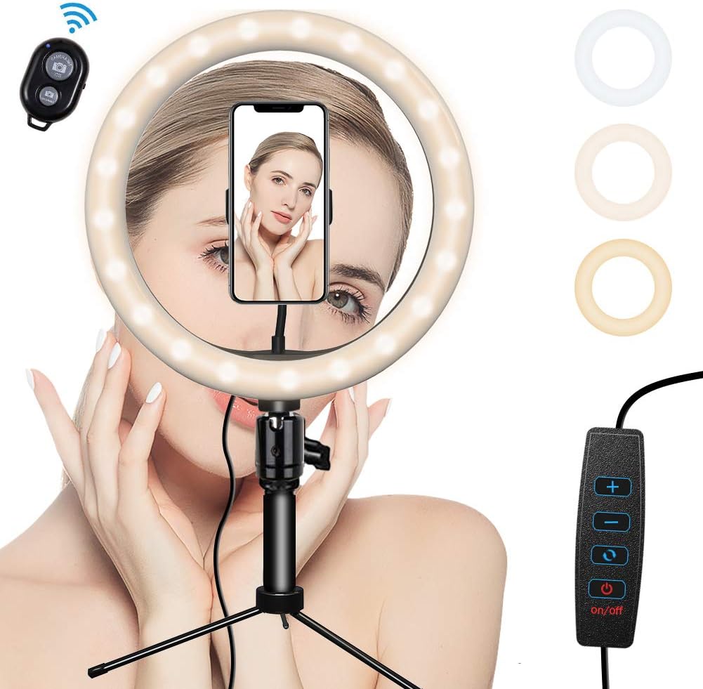 Ring Lights with Stand, GEEKERA 10.2’’ Ring Lights with Tripod & Phone Holder, Dimmable Desk Makeup Selfie Circle Light LED Lighting Stand Kit for Phone iPhone YouTube Video Photography, with Remote
