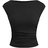 CIDER Boat Neck Tops for Women Sleeveless Ruched Crop Tank Tops Slim Fit Trendy Summer Outfits Casual Tee Shirt
