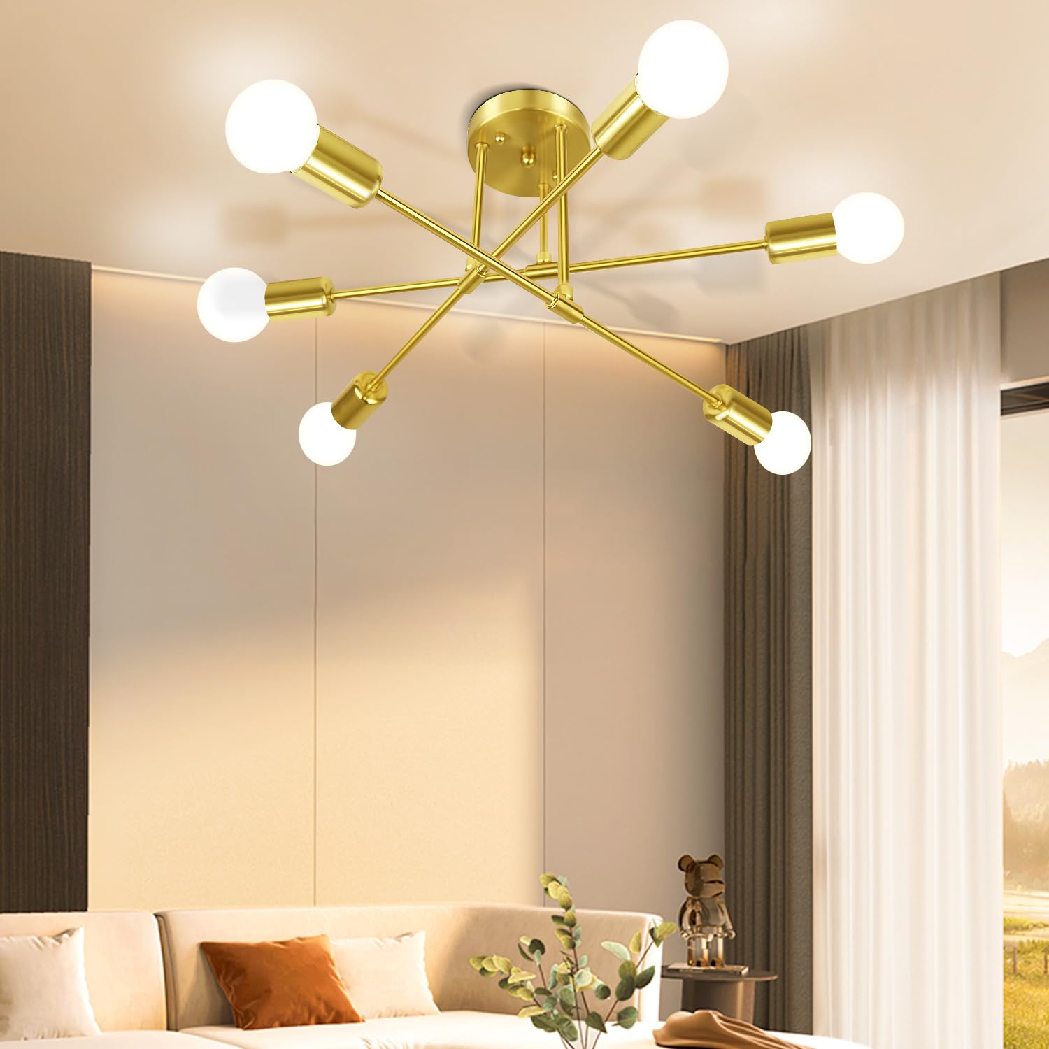 CANMEIJIA Modern Sputnik Chandelier, Ceiling Light Fixture Semi Flush Mount 6-Lights Gold Chandeliers for Dining Room Farmhouse Kitchen, Mid Century Pendant E27 Base, Bulbs Not Included