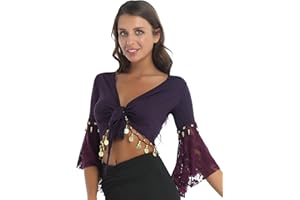 XUNZOO Women Glitter Bead Tassel Belly Dance Top Lace 3/4 Flared Sleeves Shawl Crop Tops Dancewear