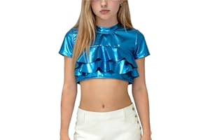 Girls Shiny Crop Top Metallic Short Sleeve Shirt Scoop Neck Blouse Front Tie Knot Party Tshirt Hip Hop Dance Tees