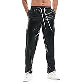 AMY COULEE Mens Metallic Shiny Pants Disco Rave Costume Sparkly Holographic Party Pants with Drawstring Pockets