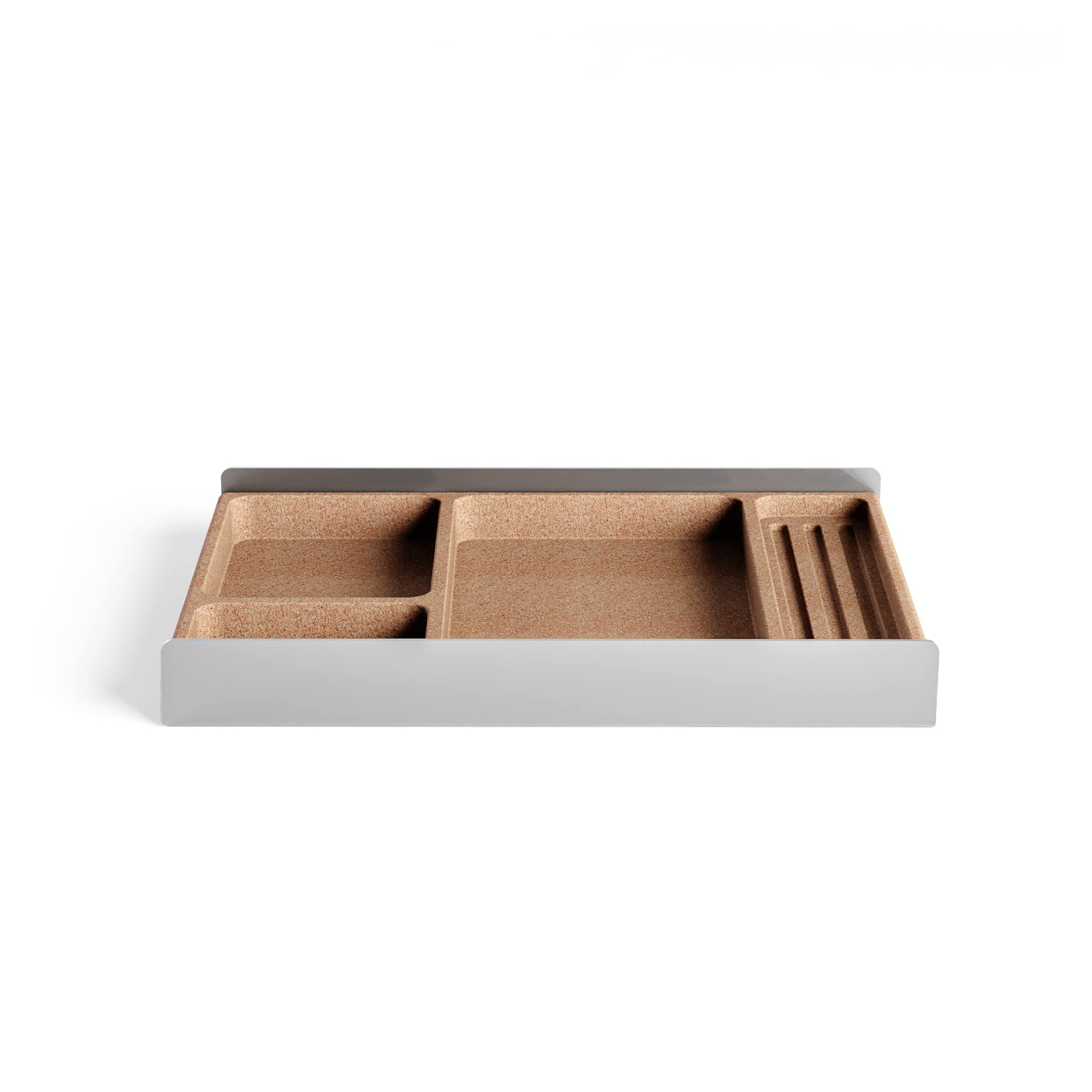 Raico Desk Tray Organiser with Compartments Cork & Aluminium Catchall Valet Pen Tray Grovemade Alternative Drawer for Desktop Storage Stationery Organizer (Aluminium + Natural Cork)