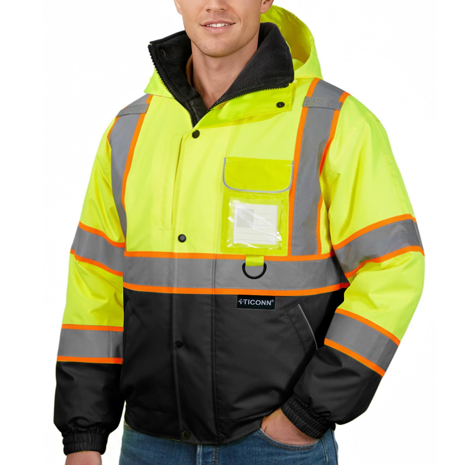 Photo 1 of TICONN Waterproof Safety Bomber Jacket, Winter Rain Jacket Hi Vis Reflective, ANSI Class 3 Work Rain Coat (Yellow&Black, 2XL)