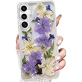 Changjia for Samsung Galaxy S25 Clear Glitter Floral Case, Cute Pressed Dried Real Flowers Design Bling Sparkly Purple Floral Soft TPU Bumper Shockproof Women Girls Protective Case for Galaxy S25,Blue