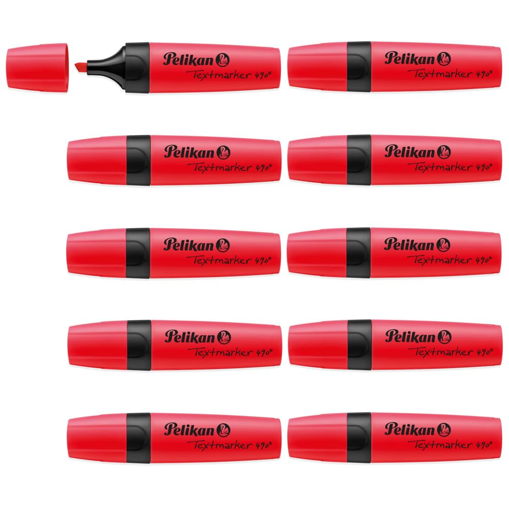 Pelikan Highlighters, Box of 10 Red, Chisel Tip Quick Drying Water-Based Markers, Exam, Study & Office Highlighting