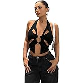 WDIRARA Women's Cut Out Halter Top Asymmetrical Hem Backless Ring Sleeveless Sexy Crop Top