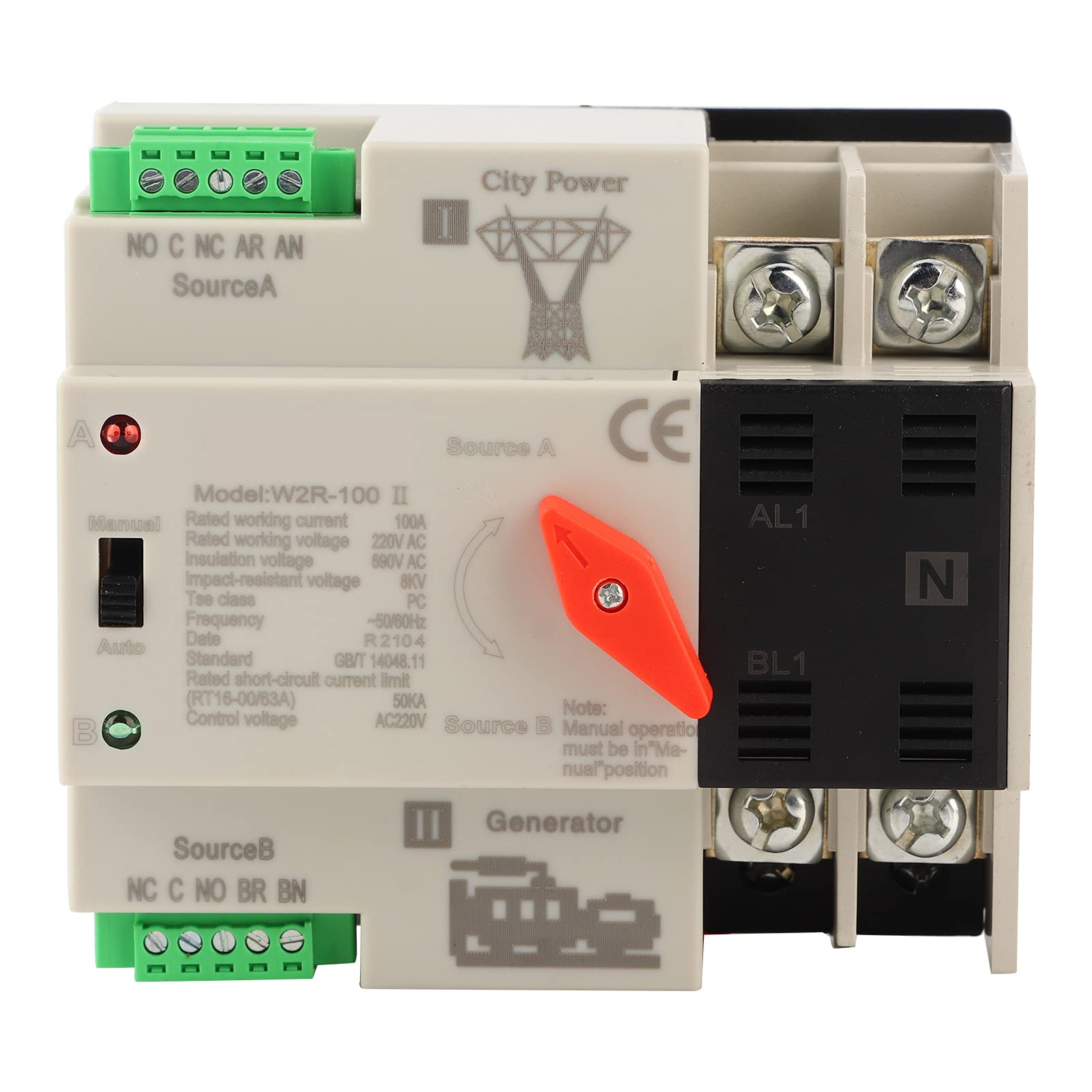 W2R-100 Automatic Transfer Switch 100A 2-Phase 50Hz | Dual Power Supply ATS for Electrical Circuit Protection | Miniature Automatic Changeover Switch