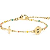 Raicegs Cross Bracelet with Initial 18K Gold Initial Bracelets for Women Teen Colorful Dainty Link Chain Bracelets Christian Gifts for Women Faith Jewelry