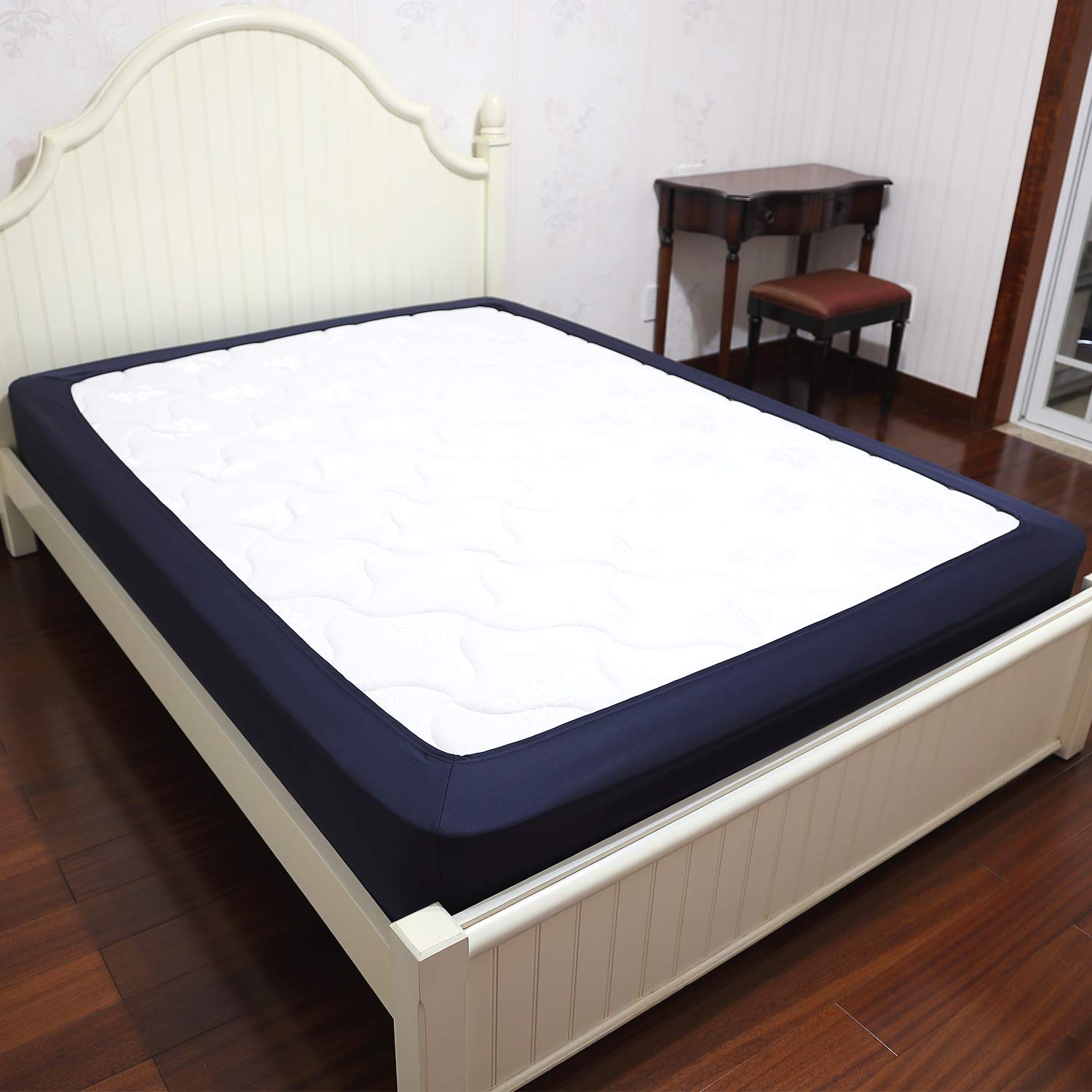 Barossa Design Box Spring Cover Queen Size Wrap Around Elastic Bed Skirt, Easy on Easy Off, Wrinkle Resistant, Hotel Quality (Navy Blue)