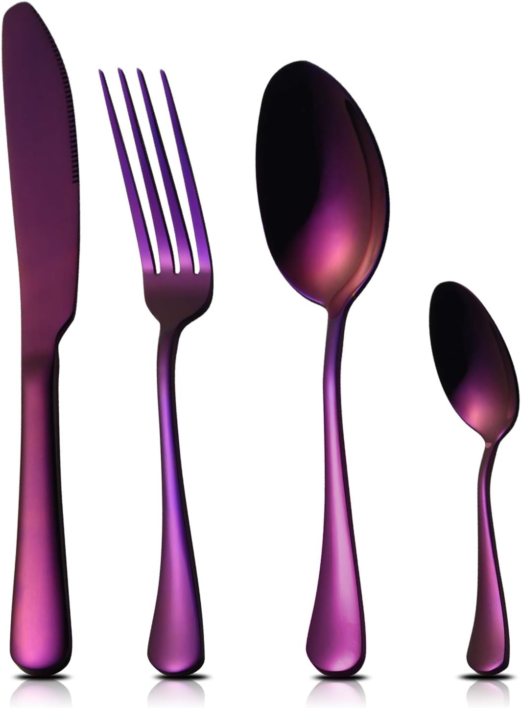 RIELD 16-Piece Essential Flatware Set, Purple Rust-Resistant Stainless Steel Silverware Tableware for 4, Finely Polished Surface, Smooth Round Edges, Dishwasher Safe