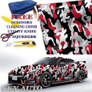 Sky Auto INC RED Black White Gray Camouflage Vinyl Car Wrap Film Sheet + Free Cutter, Cleaning Cloth, Scissors & Squeegee (5FT x 5FT / 60