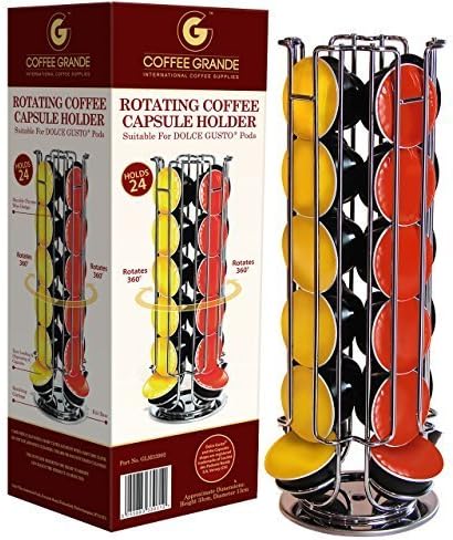 DOLCE GUSTO PODS 24 COFFEE CAPSULE CHROME TOWER ROTATING STAND HOLDER RACK By Coffee Grande by Spares +