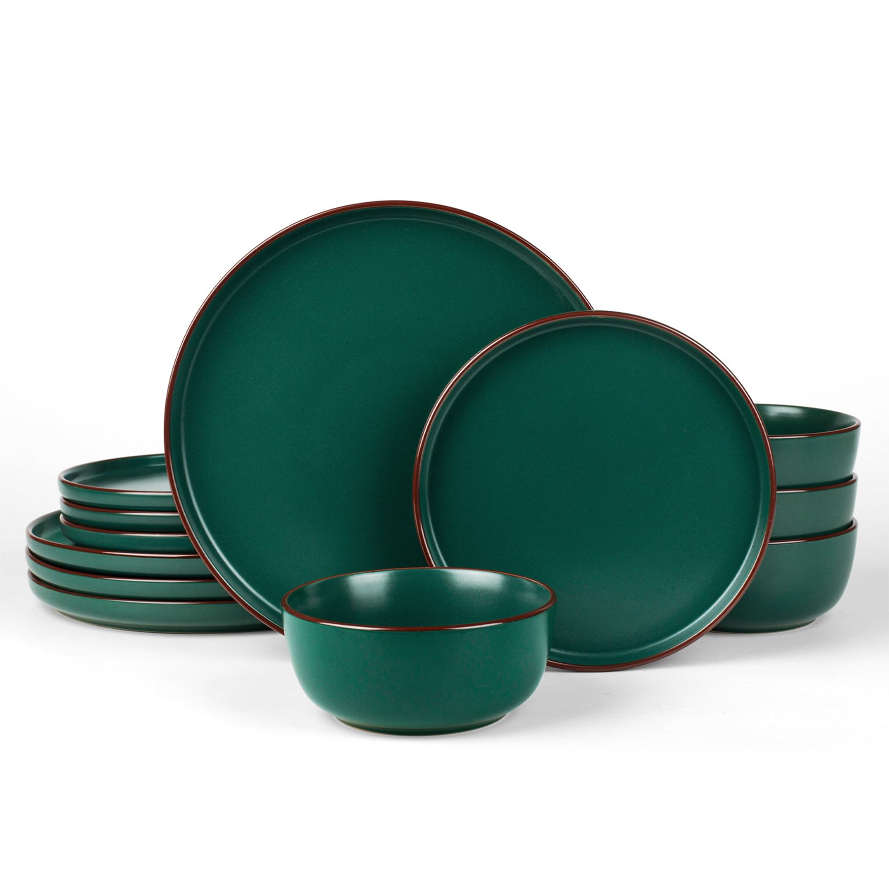 Photo 1 of Famiware Mercury Plates and Bowls Sets, 12 Pieces Stoneware Dinnerware Sets, Dishes Set for 4, Microwave and Dishwasher Safe, Dark Green