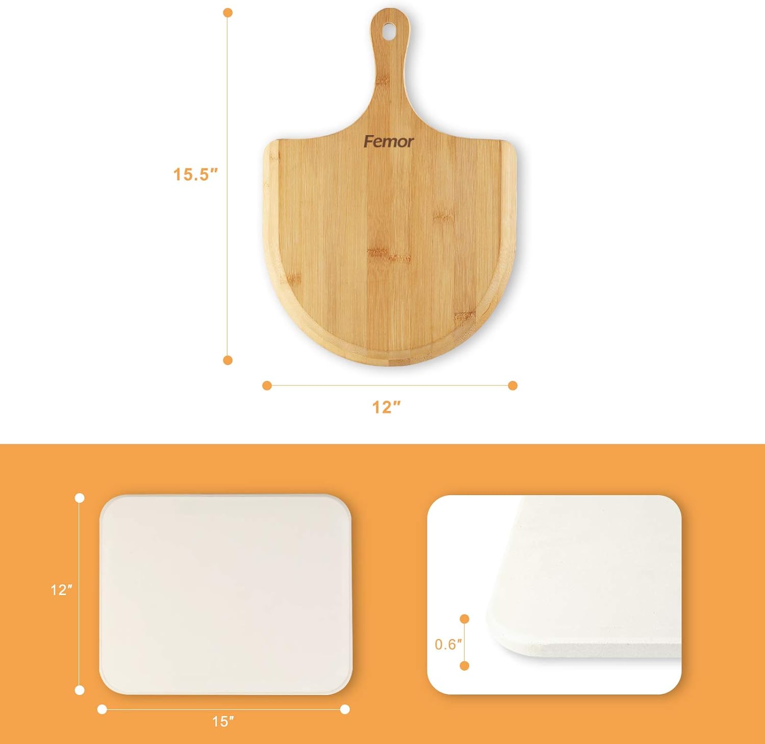 femor Pizza Grilling Stone 15"x12" Baking Stone for Oven, BBQ/Grill, Pizza Pan with Wooden Pizza Peel and Recipe, Rectangular : Garden & Outdoor