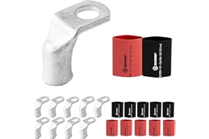 SELTERM 10pcs - 1/0 AWG 3/8" Stud 90° Bent Battery Lugs - Ring Terminal Connectors with 12pcs 3:1 Black & Red 3/4" Heat Shrink Tubing - Heavy Duty Battery Cable Ends - Tinned Copper Wire Connector Kit