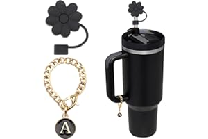 Wabogove Stanley Cup Accessories, 1pc Flower Stanley Straw Cover Silicone Straw Topper for Stanley 30&40 oz Tumbler with Handle and 1pc Initial Letter Charm for Stanley Cup (Letter A)