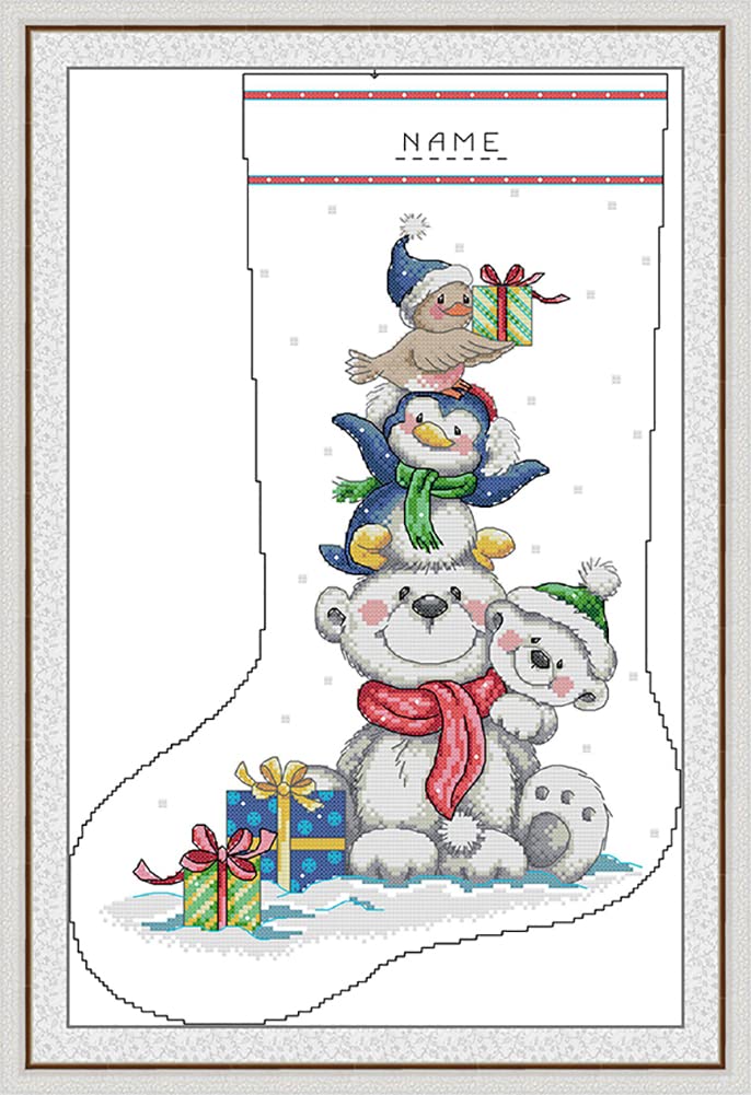 OWN4B Cross Stitch Kits Pre Printed, Christmas Stocking-Polar Bear Stamped Pattern 11CT 16.5x24.4 inch DIY Embroidery Kit (Sock 5)