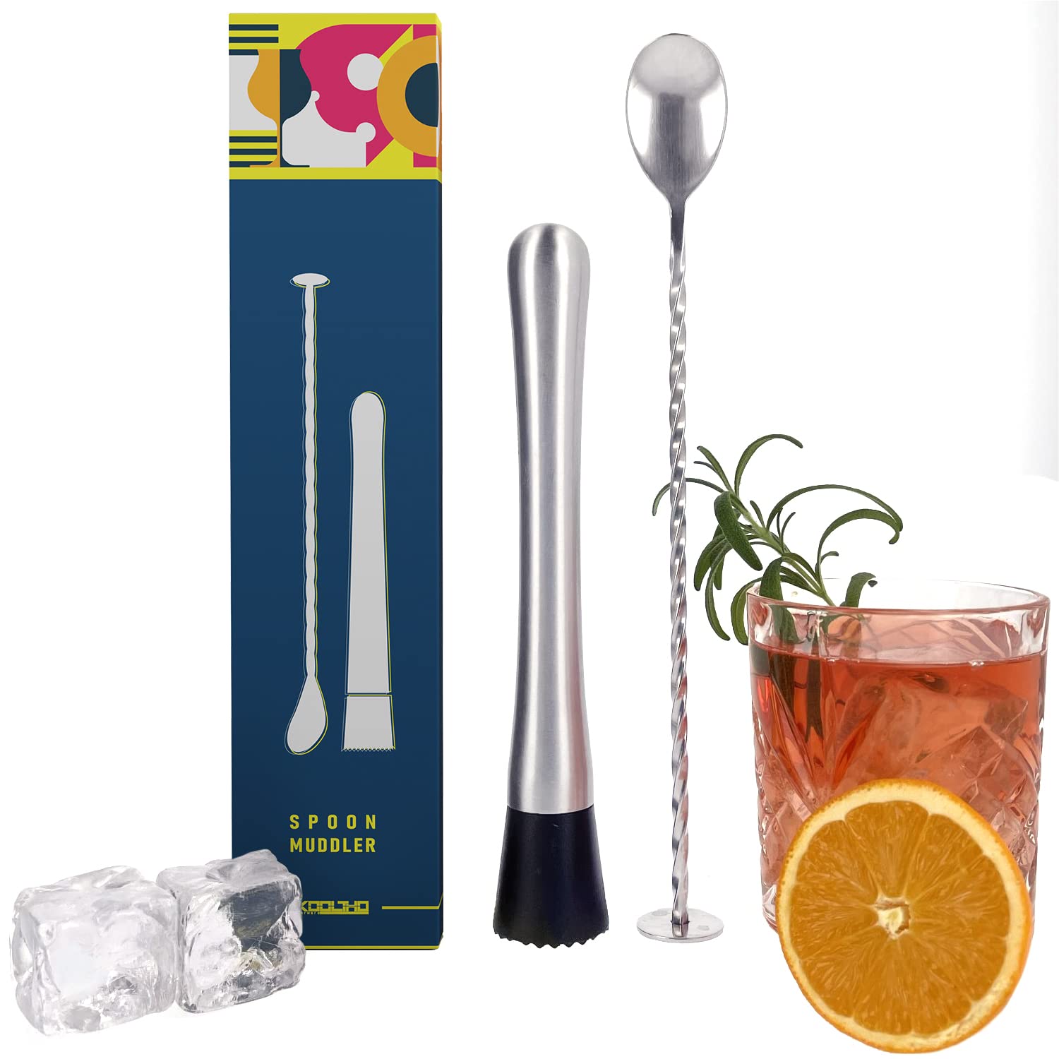 Cocktail Muddler Bar Spoon Set, Long Handled Mixing Spoon with Stainless Steel Muddler, Home Use Bar Tool Sets, Cocktails Making Accessories for Beginner and Professional Bartenders
