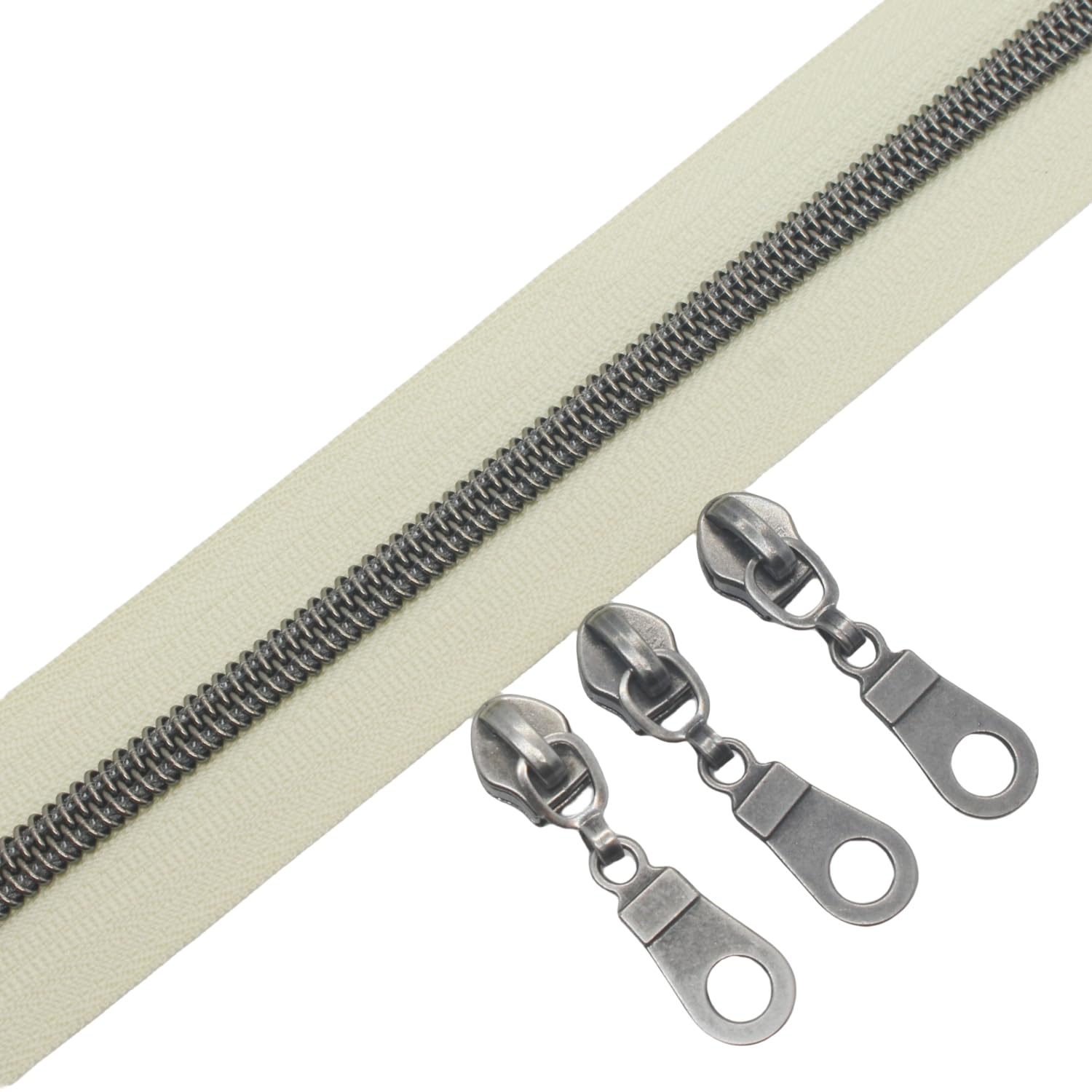 YaHoGa #5 Gunmetal Metallic Nylon Coil Zippers Continuous Zipper Tape (9 Meters + 25pcs Sliders) for Sewing Tailor DIY Craft Bag (Beige)
