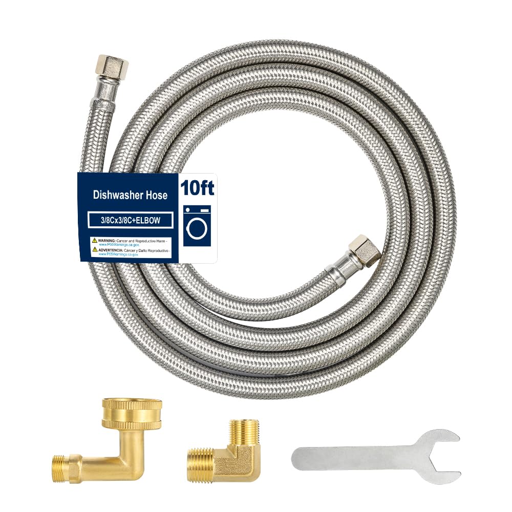 Photo 1 of 10FT Dishwasher Hose with Elbow – Stainless Steel Braided Supply Line, 3/8" Compression to 3/8" Elbow, Universal Fit, Burst Proof, NSF/Lead-Free Certified, 10-Year Warranty