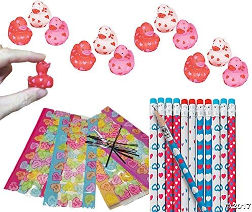 Valentines Day Party Favors for 24 -- MINI Heart Rubber Duckies (24), Heart Valentine Pencils (24), and Conversation Heart Cello Bags (24), Bundle of 3 Items, (Total 72 Pieces)