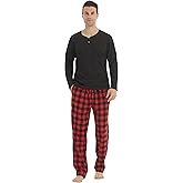YUSHOW Mens Pajama Set Long Sleeve Henley Neck Button Top Plaid Pants Soft Warm Loungewear Sleepwear Set