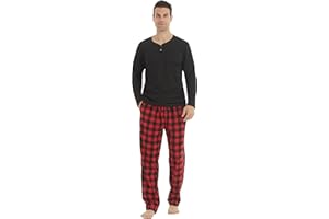 YUSHOW Mens Pajama Set Long Sleeve Henley Neck Button Top Plaid Pants Soft Warm Loungewear Sleepwear Set