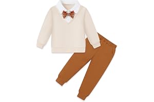 YALLET Toddler Boy Clothes Faux Two-Piece Polo Sweatshirt Fall Winter Pullover Top+Bowtie+Pants Outfit Set for Kids 2-7 Years