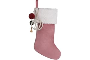 Pxniy Personalized Gold Wooden Initial Christmas Stocking, 19.5 inches Velvet Christmas Stocking with pom poms,Christmas Decorations for Xmas Fireplace Holiday Party(Pink W)