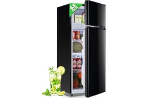 DEMULLER DEMULELR 4.5Cu.ft Small Mini Refrigerator with Freezer Black Two Door Mini Fridge with Crisper Drawer & Extra Drink Space, LED Light, Apartment Size Fridge for Dorm Office 17.5" W x 18.5" D x 43" H