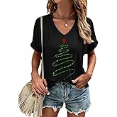 Women's V Neck Christmas T-Shirt Winter Casual Funny Family Xmas Party Short Sleeve Graphic Tees Tops