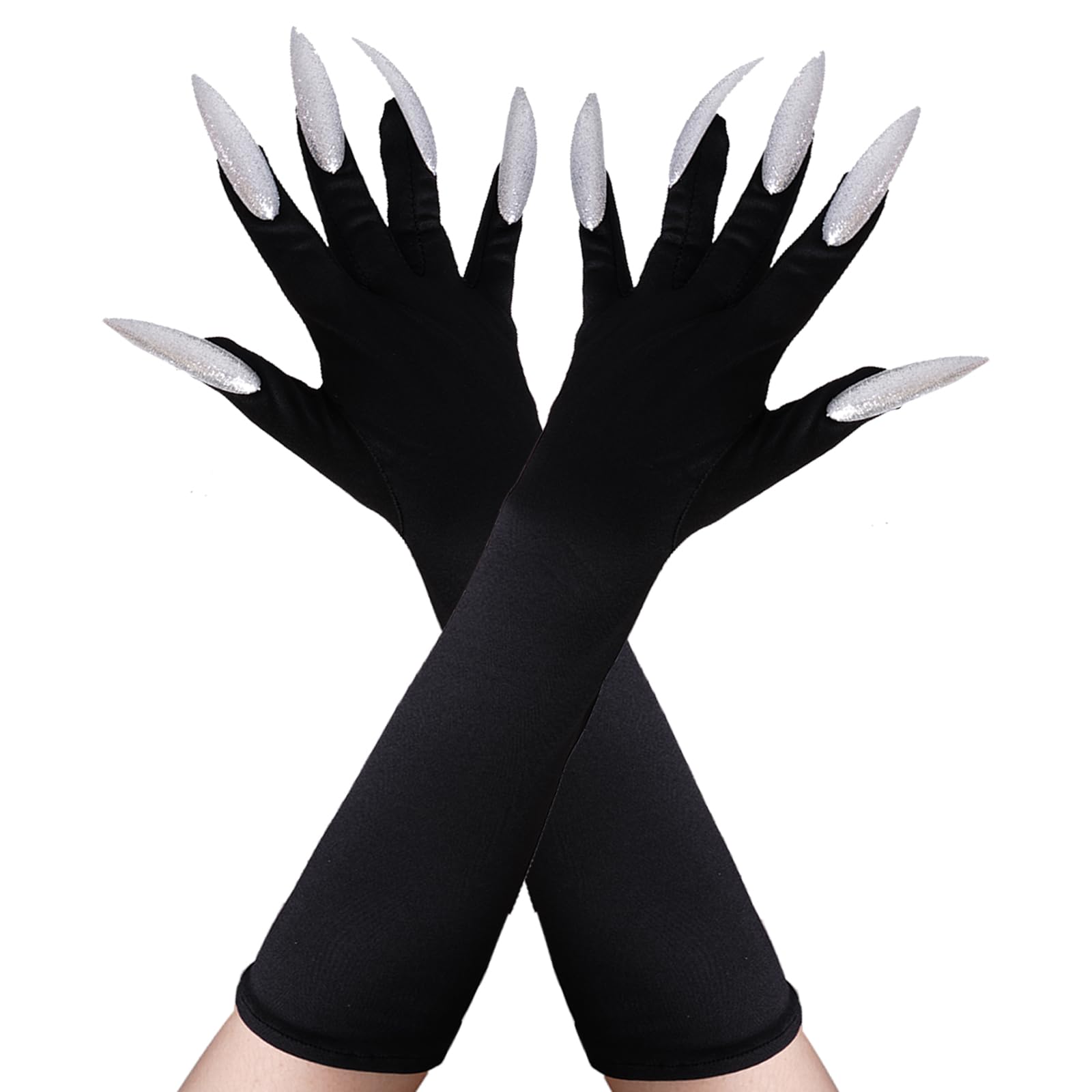 ASFWAGQ Costume Gloves Halloween Long Nail Gloves Cosplay Fingernails Cosplay Props with Claws (Black/Nails Silver, One Size)