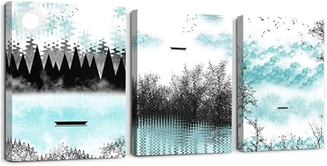 Amazon Com Canvas Wall Art Painting For Living Room Bathroom Wall Decor For Bedroom Kitchen Farmhouse Decor Artwork 3 Pieces Black And White Landscape Blue Lake View Pictures Modern Office Home Decorations Posters