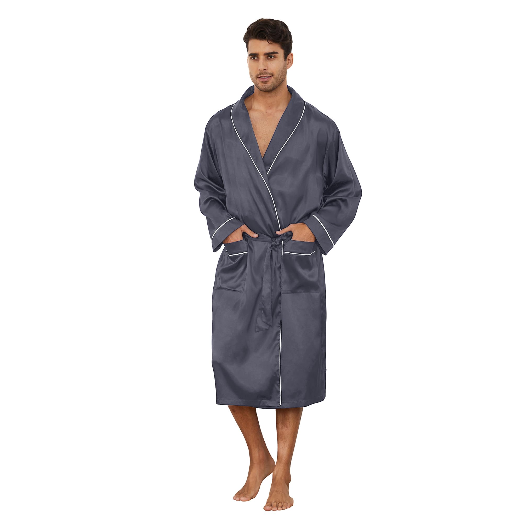 Photo 1 of Vulcanodon Men’s Satin Robe Lightweight,Men's Luxurious Silk Kimono Bathrobe(DARK GREY, L/XL)
