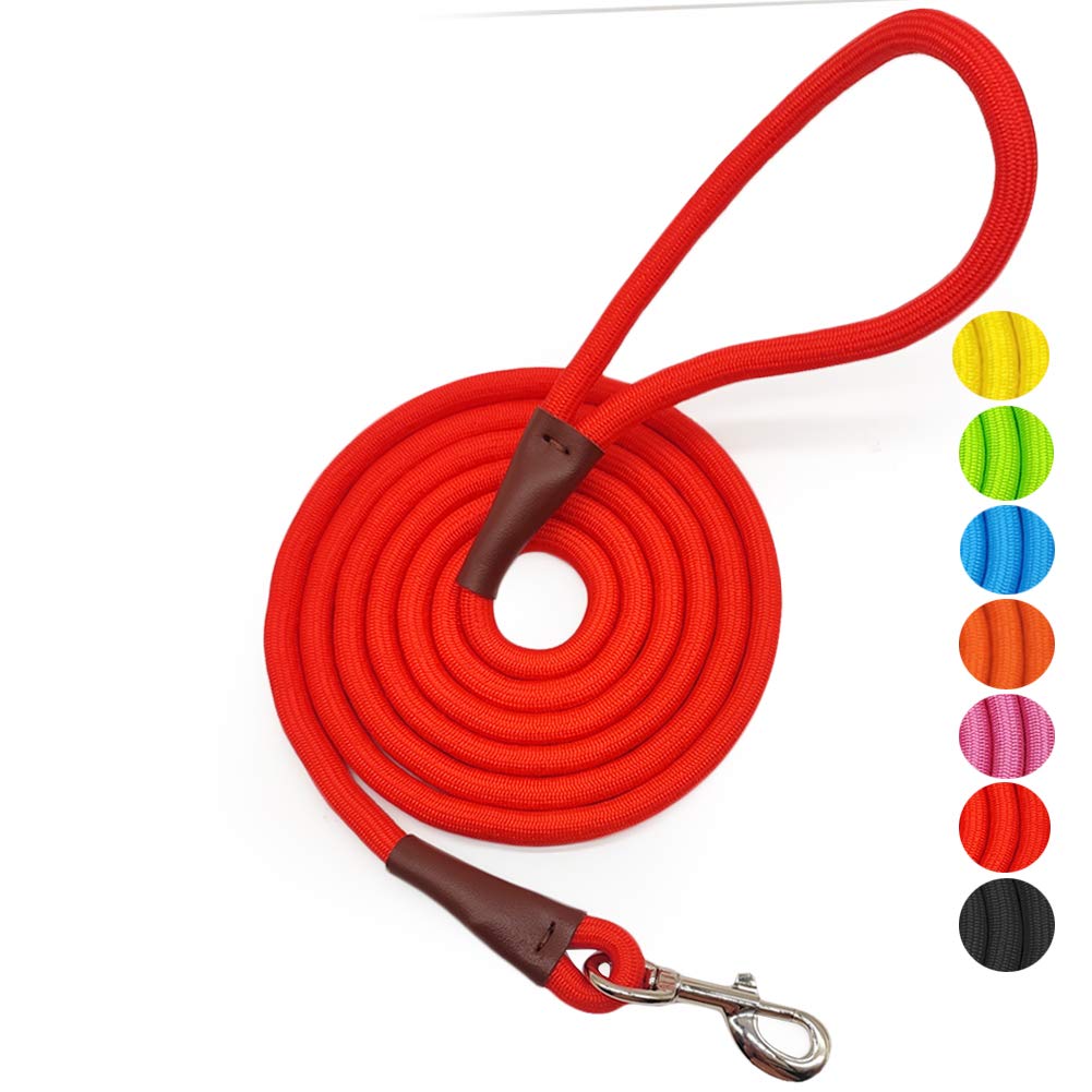 MayPaw 4FT/6FT/8FT/10FT Dog Lead, Classic Solid Colors, Strong Nylon Rope Dog Lead Reinforced with Leather Tailor Connection Heavy Duty Silver Clasp (6ft*1/2", Red)