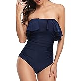 Smismivo Flounce Strapless Swimsuits for Women Bandeau Ruched Ruffle Bathing Suits One Piece Tummy Control Slimming Swimwear