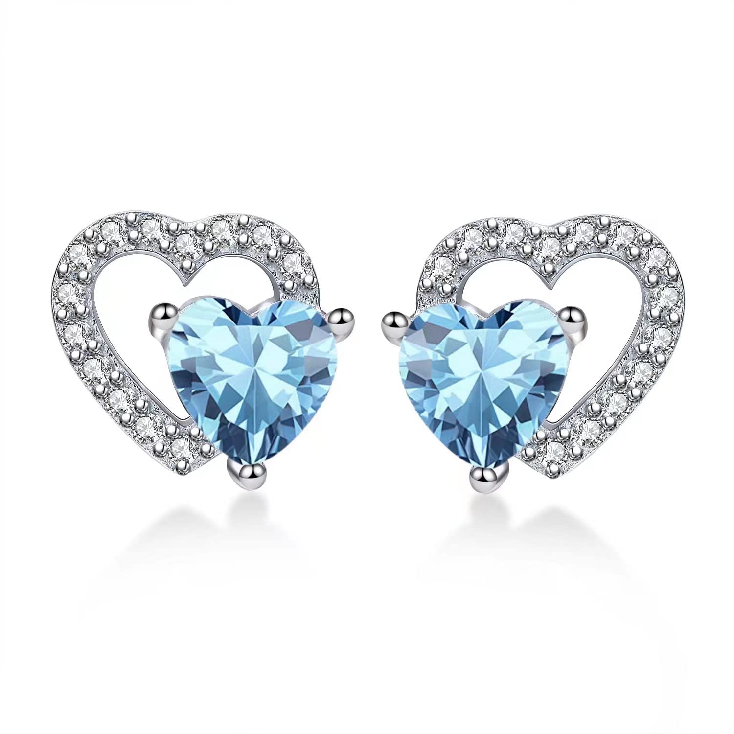 Qings March Aquamarine Birthstone Stud Earrings - Light Blue Cubic Zirconia Gemstone, Hollow Heart Design, 925 Sterling Silver, Double Heart Present for Her