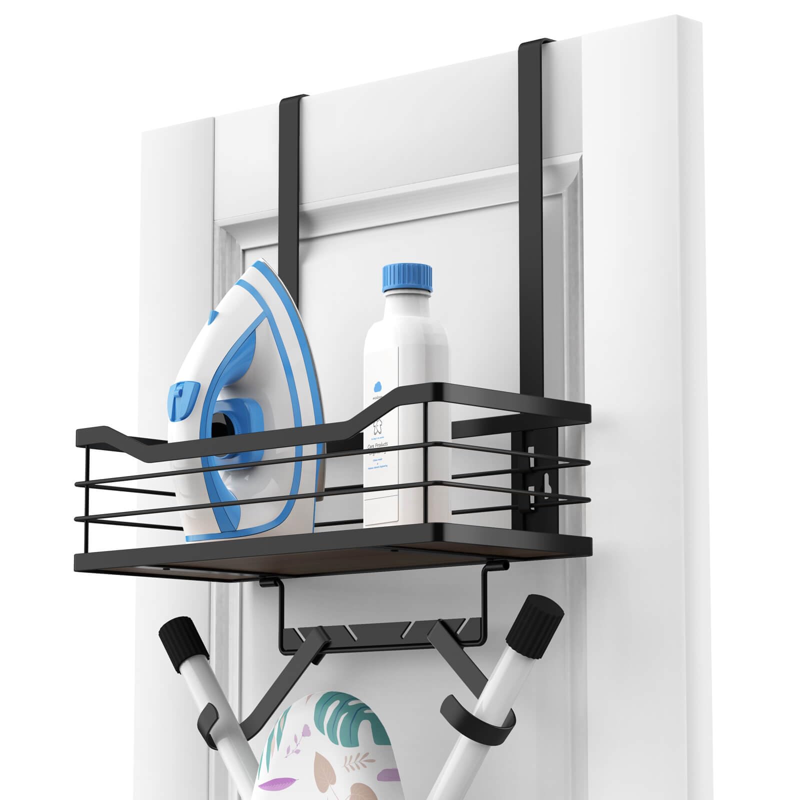 Ironing Board Holder Wall Mount - Laundry Room Organization and Ironing Board Holder Laundry Room Iron and Storage with Large Storage Wooden Base Basket and Removable Hooks(T&V Shaped)