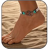 Elastic Beaded Anklets for Women Double Layered Hollow Heart Anklet Boho Turquoise Elastic Ankle Bracelet Summer Beach Foot Jewelry