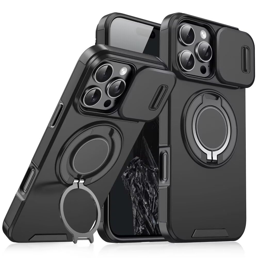 Doulings Heavy Dtuy Series Designed for iPhone 16 Plus Case,Rugged 360 Rotatable Ring with Invisible Holder Stand,Slide Camera Cover&Military Grade Protection,Black